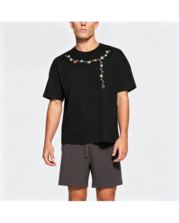 Floral Necklace Embroidered Short-Sleeve T-Shirt