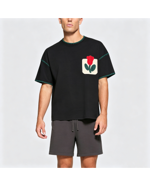 Retro Patchwork Embroidered False Pocket Floral Short-Sleeve T-Shirt