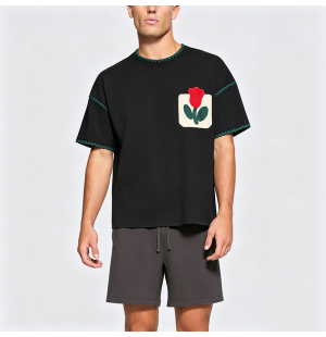 Retro Patchwork Embroidered False Pocket Floral Short-Sleeve T-Shirt
