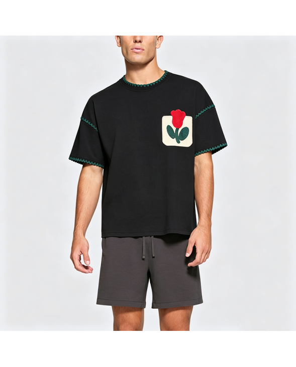 Retro Patchwork Embroidered False Pocket Floral Short-Sleeve T-Shirt