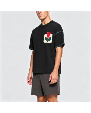 Retro Patchwork Embroidered False Pocket Floral Short-Sleeve T-Shirt