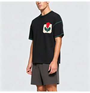 Retro Patchwork Embroidered False Pocket Floral Short-Sleeve T-Shirt