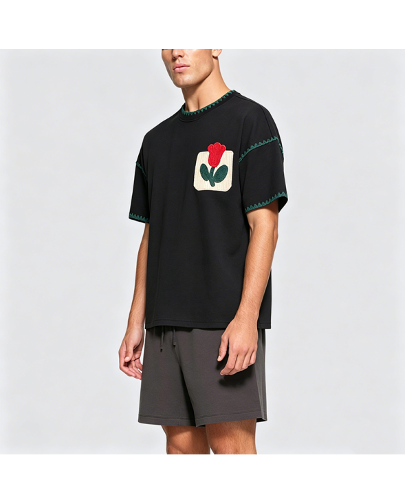 Retro Patchwork Embroidered False Pocket Floral Short-Sleeve T-Shirt