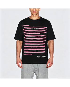 Pink Line Design Black Cotton Short Sleeve T-Shirt