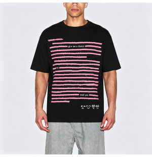 Pink Line Design Black Cotton Short Sleeve T-Shirt