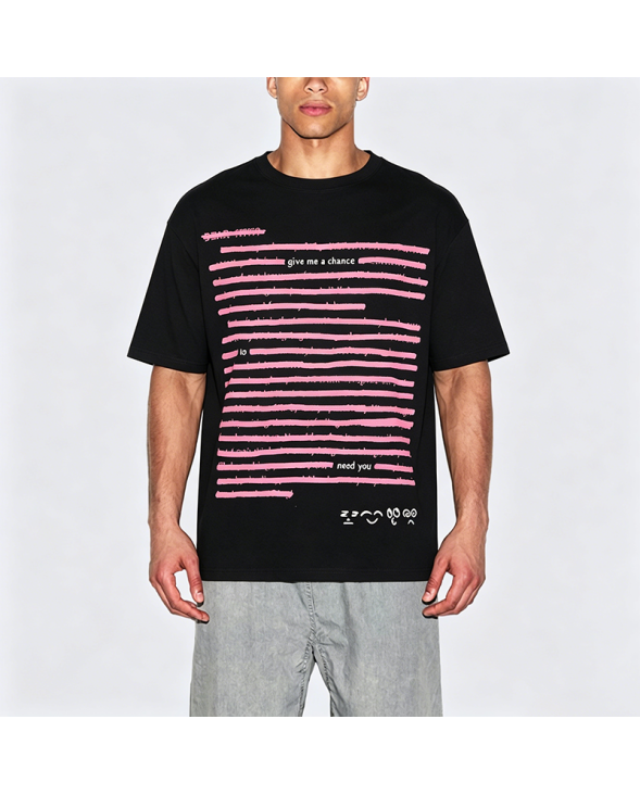 Pink Line Design Black Cotton Short Sleeve T-Shirt