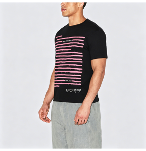 Pink Line Design Black Cotton Short Sleeve T-Shirt
