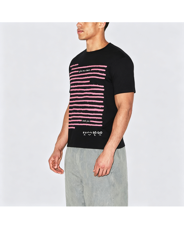 Pink Line Design Black Cotton Short Sleeve T-Shirt