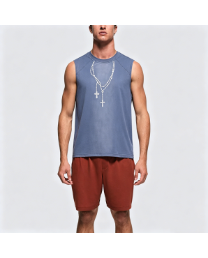 Men's American Retro Necklace Print Sleeveless T-Shirt Street Vest