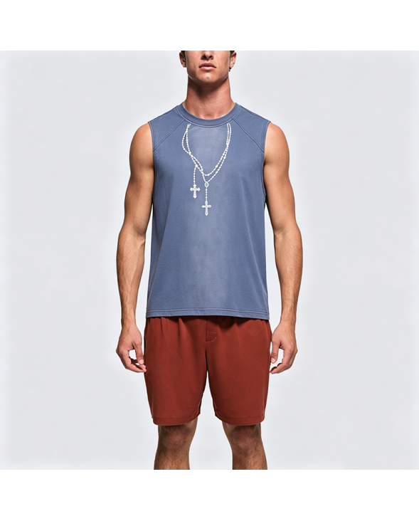 Men's American Retro Necklace Print Sleeveless T-Shirt Street Vest