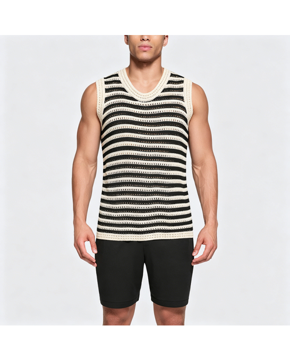 Striped Knit Vest with Openwork Design